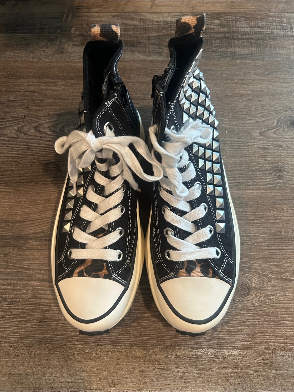 Black High-Top Studded Canvas Sneakers with White Laces NWOT